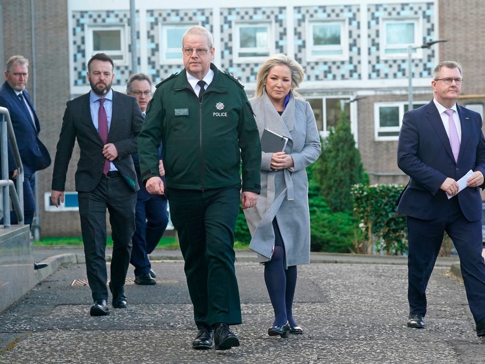 Doug Beattie, Colum Eastwood, Stephen Farry, PSNI Chief Constable Simon Byrne, Michelle O’Neill and Jeffrey Donaldson  arriving for a press conference outside the PSNI HQ in Belfast yesterday. Photo: Brian Lawless/PA Wire