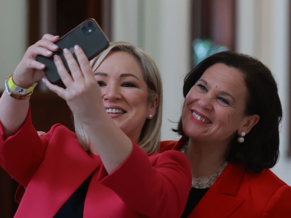 Sinn Fein Vice President Michelle O’Neill (left) and President Mary Lou McDonald at Belfast City Hall as the results come in for the Northern Ireland local elections (Liam McBurney/PA)