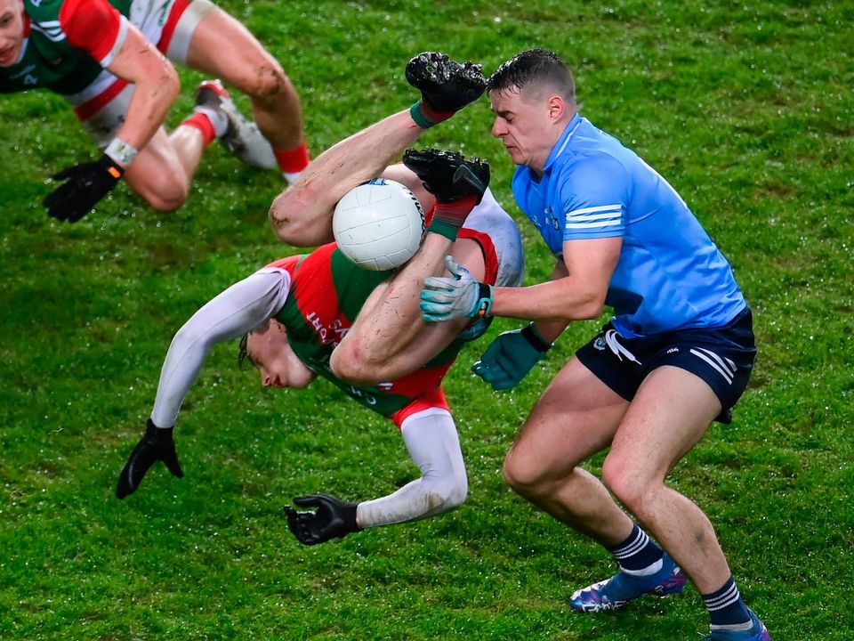 Diarmuid O’Connor of Mayo in action against Brian Howard of Dublin during the Allianz Football League Division 1 match at Croke Park in Dublin. Photo: Stephen McCarthy/Sportsfile