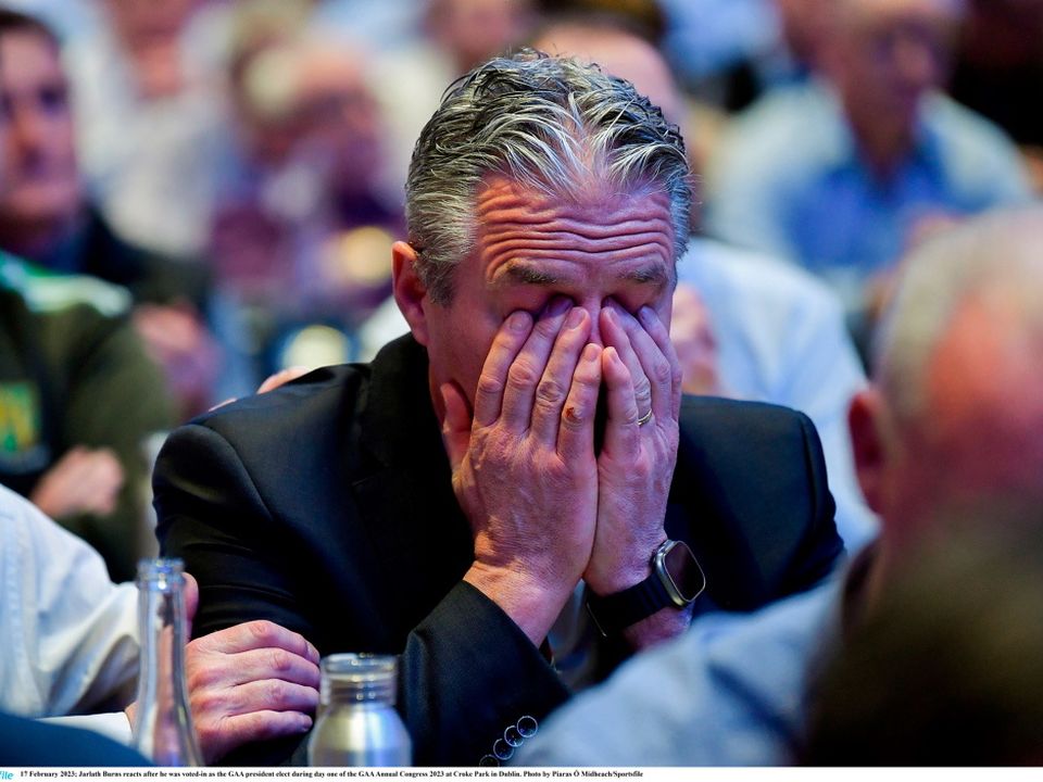 Jarlath Burns reacts after he was voted in as the GAA president elect