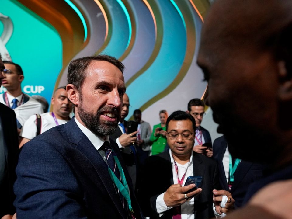 England's head coach Gareth Southgate talks after the 2022 World Cup draw at the Doha Exhibition and Convention Center. (AP Photo/Hassan Ammar)