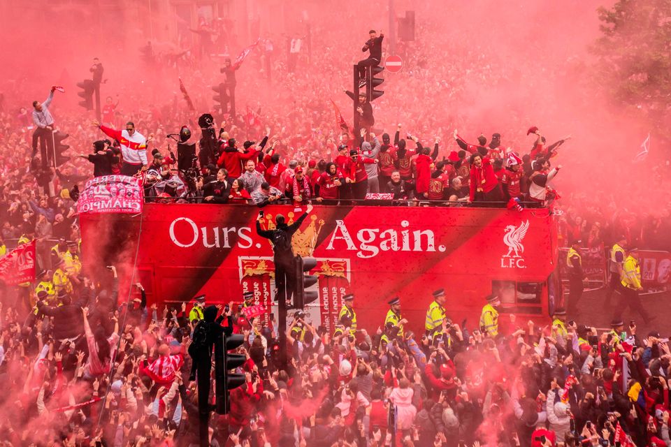Liverpool's players celebrate their Premier League title success. Photo: Danny Lawson/PA Wire
