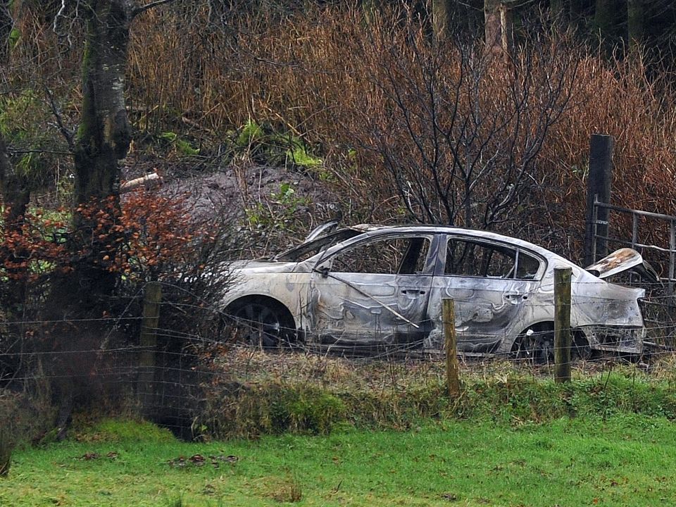 The burnt out remains of a car the PSNI believe may have been used in the murder of Dectective Garda Adrian Donohue