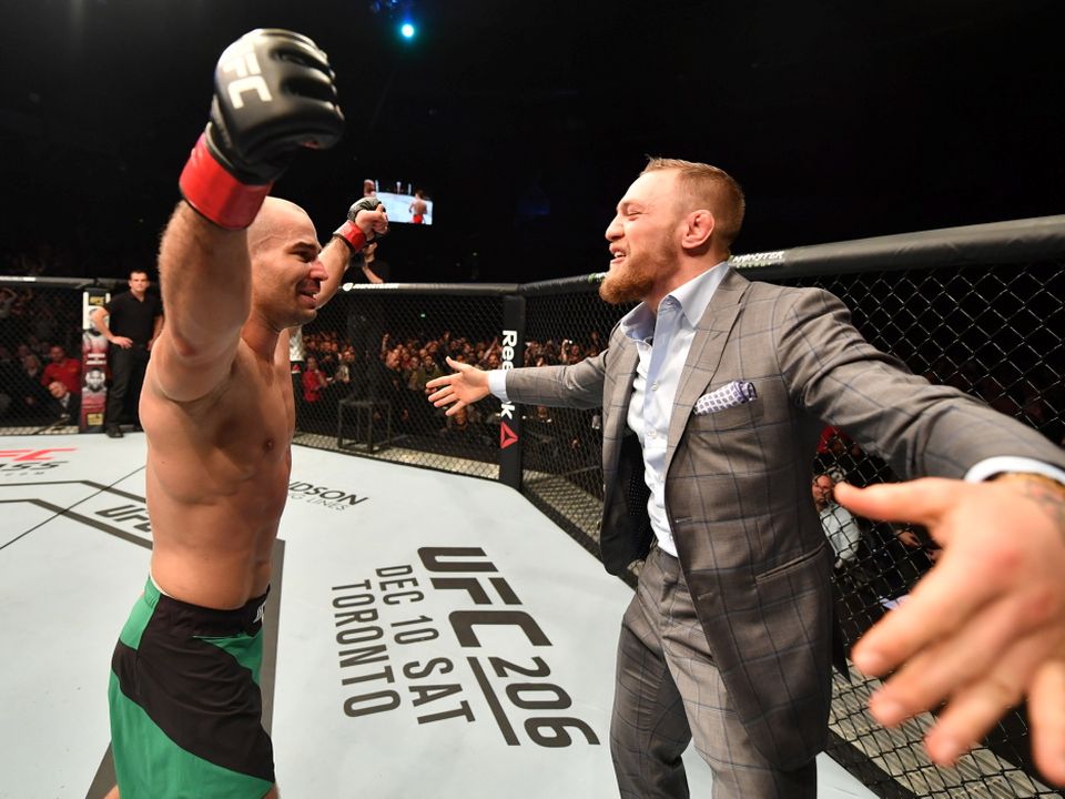 Lawsuit: Artem Lobov celebrates a UFC win with Conor McGregor in 2016. The two men are involved in a legal dispute, with the Russian fighter suing McGregor after claiming he came up with the idea for the Irish MMA star’s whiskey brand. Photo: Brandon Magnus