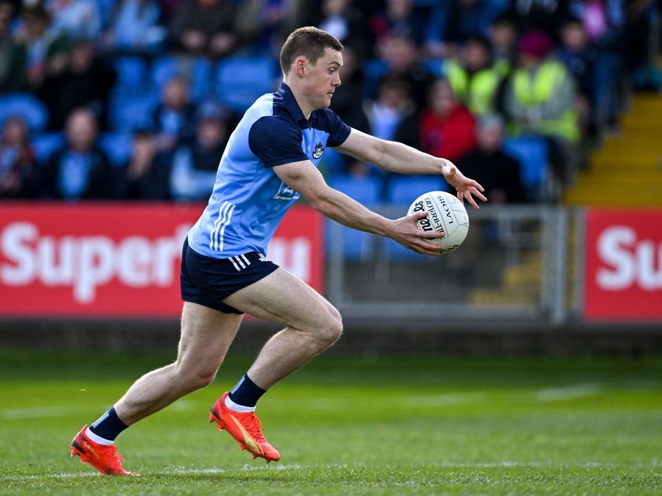 23 April 2023; Con O'Callaghan of Dublin on the way to scoring is side's first goal during the Leinster GAA Football Senior Championship Quarter-Final match between Laois and Dublin at Laois Hire O'Moore Park in Portlaoise, Laois. Photo by Brendan Moran/Sportsfile