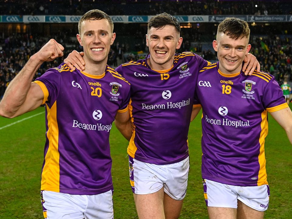 Kilmacud Crokes players, from left, Paul Mannion, Shane Walsh and Cian O'Connor celebrate after their All-Ireland SFC Club victory. Photo: Ramsey Cardy/Sportsfile