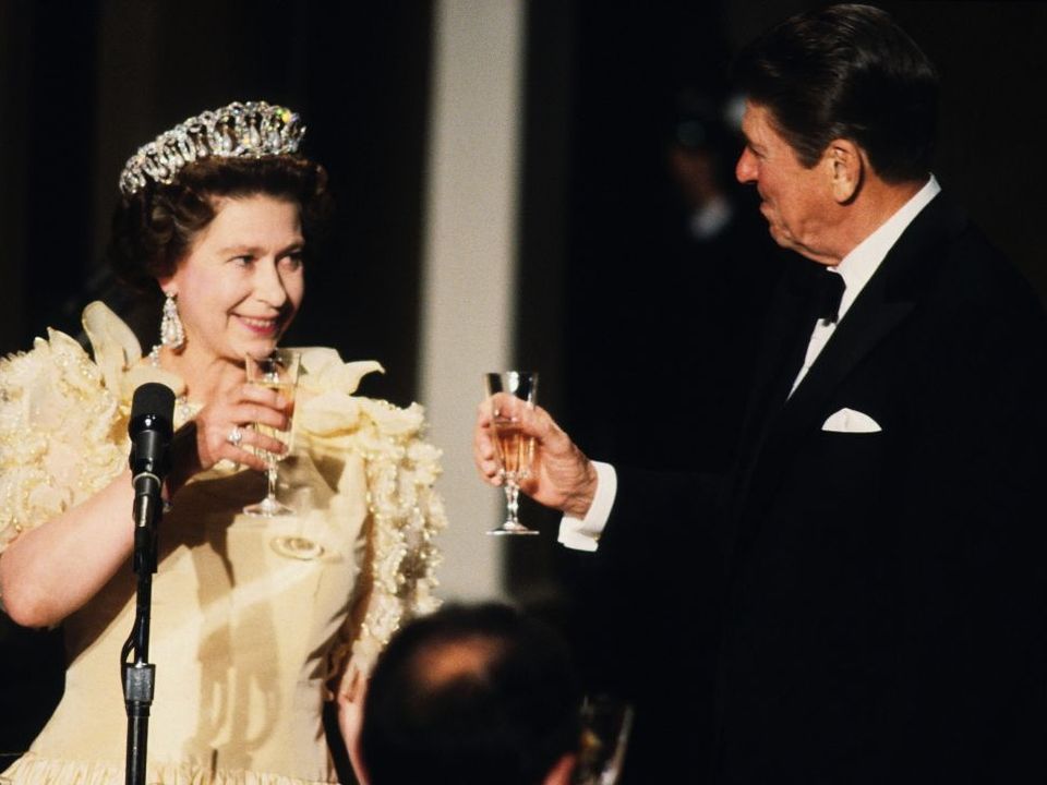 Queen Elizabeth ll and President Ronald Reagan at a banquet during the Queen's official visit to the US in March 1983 in San Francisco