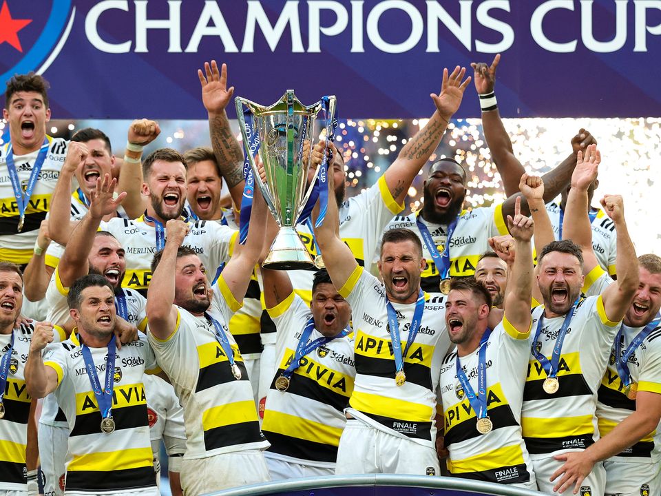 Gregory Alldritt and Romain Sazy of La Rochelle lift the Heineken Champions Cup as their side celebrates after the final whistle following their victory in the Heineken Champions Cup Final. (Photo by David Rogers/Getty Images)