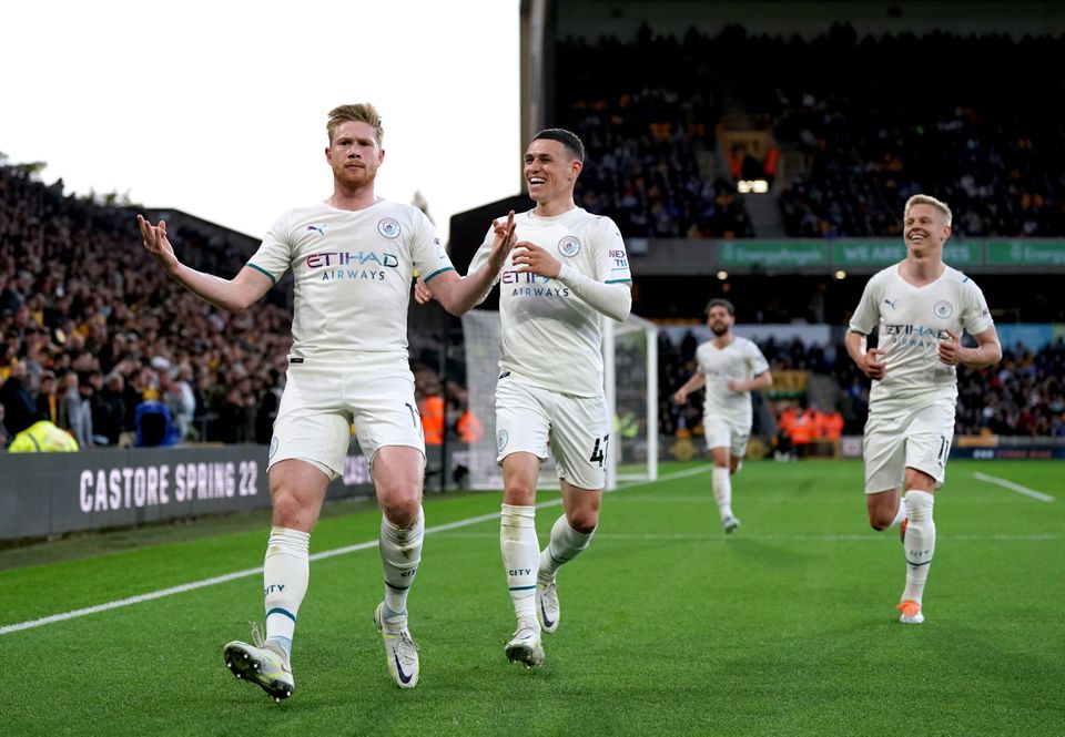 De Bruyne, left, celebrated like new City signing Erling Haaland (Nick Potts/PA)