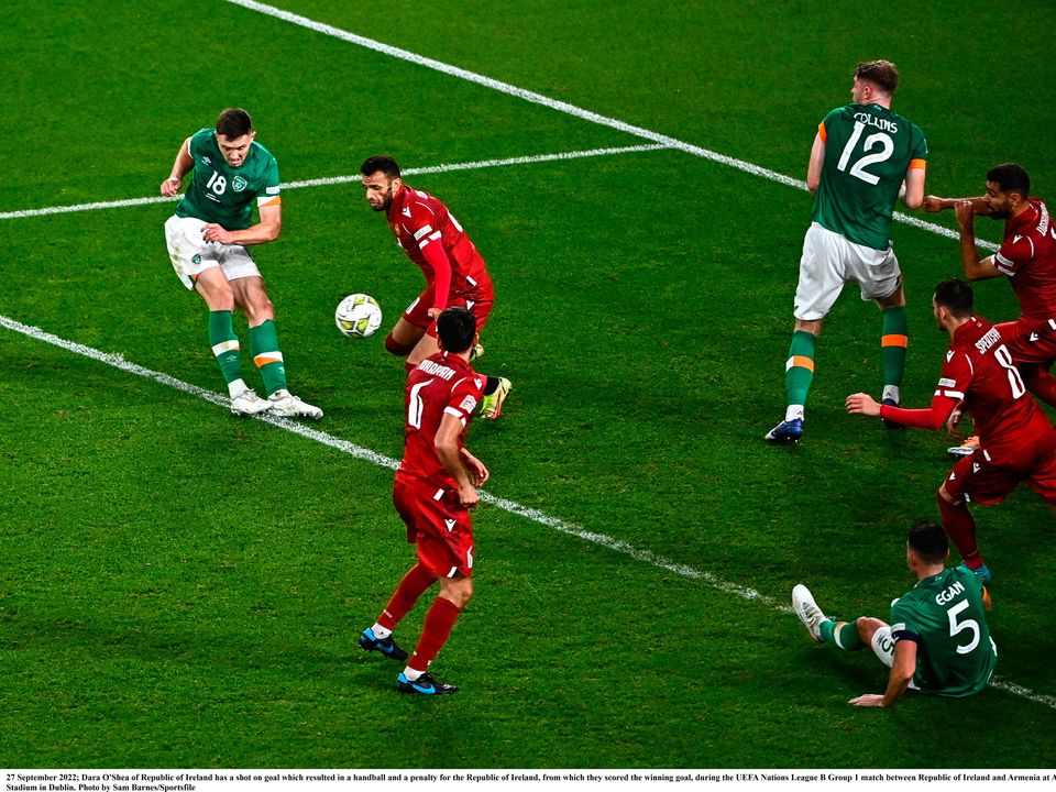 Dara O'Shea of Republic of Ireland has a shot on goal which resulted in a handball and a penalty for the Republic of Ireland,
