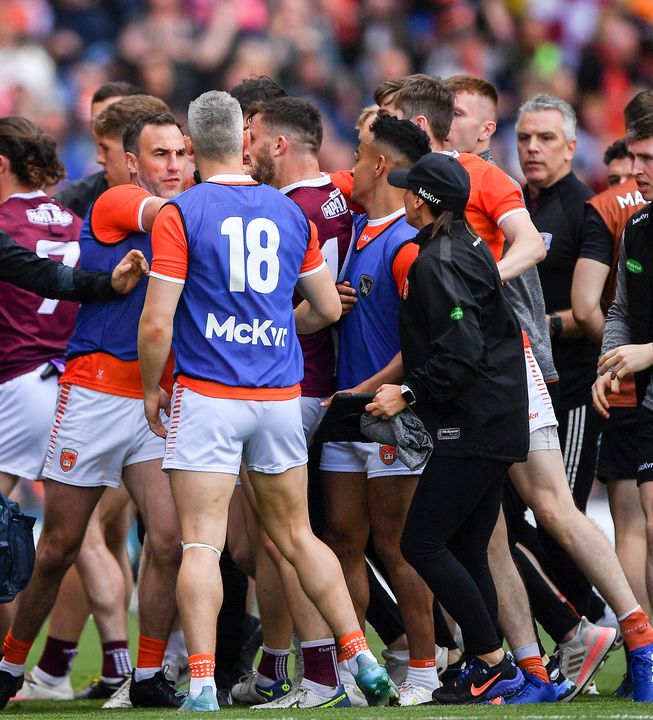 Players and officials become embroiled after full time in the Armagh and Galway clash