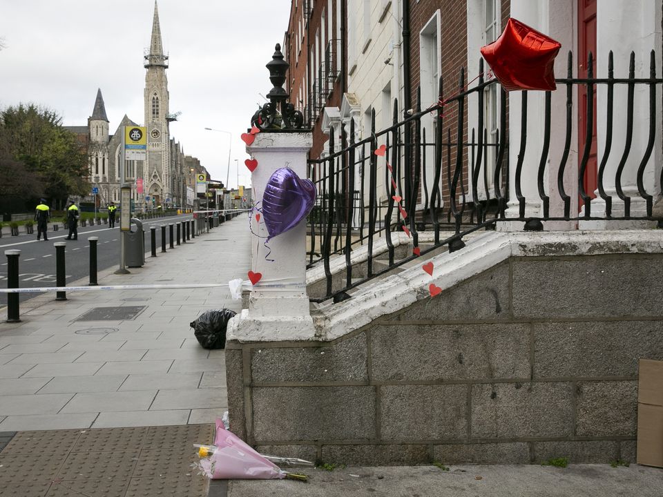 Flowers and balloons left at the scene of the incident in Dublin