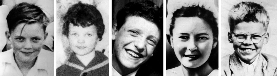 Tthe victims of moors murderer Ian Brady (left to right) John Kilbride, Lesley Ann Downey Edward Evans, Pauline Reade and Keith Bennett. 