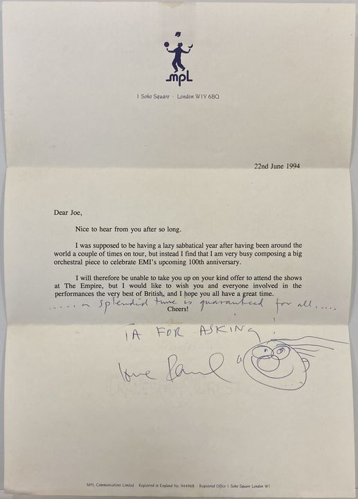 A letter from Sir Paul McCartney, complete with doodle, to Joe Flannery (Omega Auctions/PA)