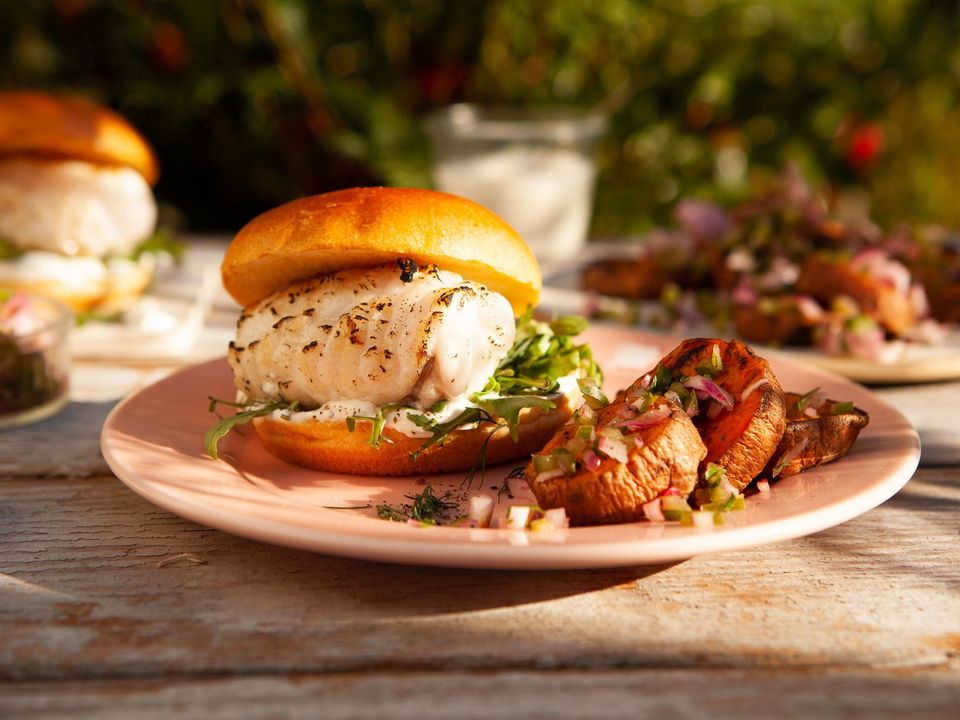 Grilled Monkfish Burger with Dill and Caper Sour Cream