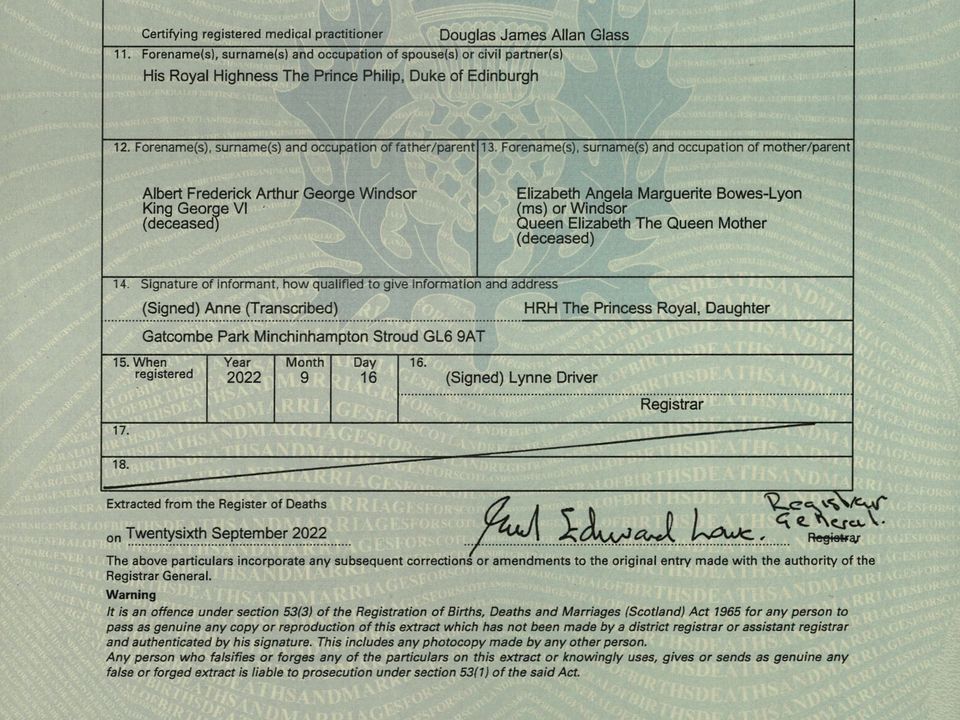 Undated handout photo issued by National Records of Scotland of the death certificate of Queen Elizabeth II which reveals that her cause of death was old age. Issue date: Thursday September 29, 2022.