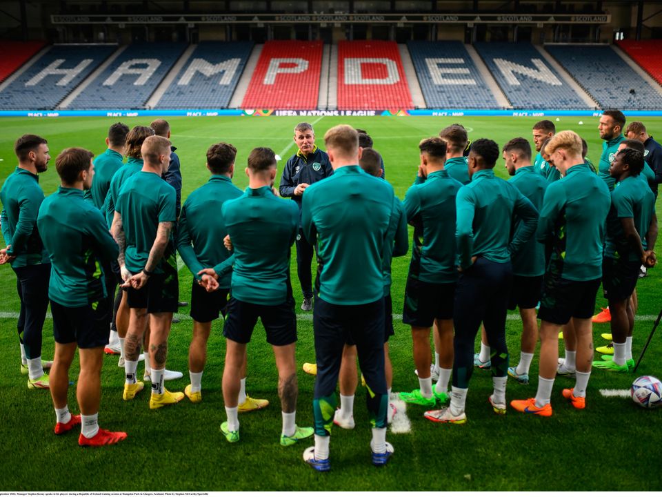 Clash of the Celts: Stephen Kenny speaks to his players during a Republic of Ireland training session at Hampden Park. Photo: Sportsfile