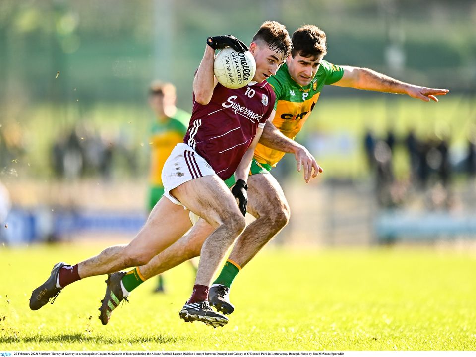 26 February 2023; Matthew Tierney of Galway in action against Caolan McGonagle of Donegal during the Allianz Football League Division 1 match between Donegal and Galway at O'Donnell Park in Letterkenny, Donegal. Photo by Ben McShane/Sportsfile