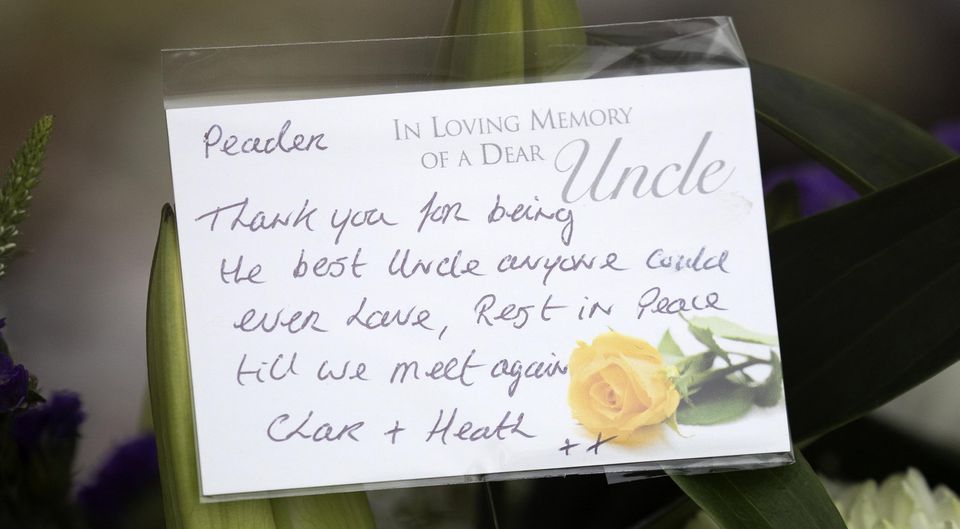 A message on flowers pictured at the funeral of Peader Doyle at the Church of the Holy Family, Askea, Co. Carlow this morning .Picture Colin Keegan, Collins Dublin