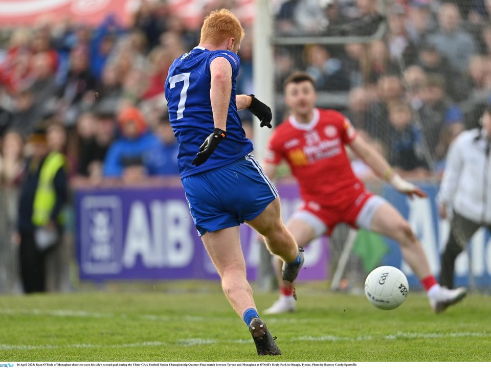 16 April 2023; Ryan O'Toole of Monaghan shoots to score his side's second goal during the Ulster GAA Football Senior Championship Quarter-Final match between Tyrone and Monaghan at O'Neill's Healy Park in Omagh, Tyrone. Photo by Ramsey Cardy/Sportsfile