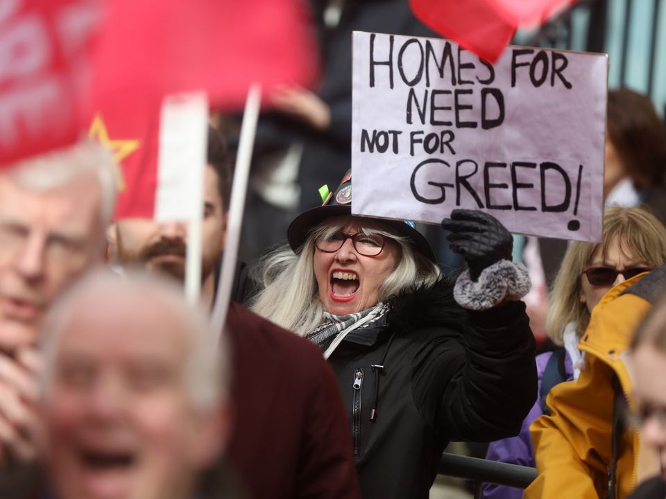 June Maher from Bray with protesters at an anti-eviction protest outside Leinster House as the eviction ban came to an end yesterday. Photo: Leah Farrell/RollingNews.ie