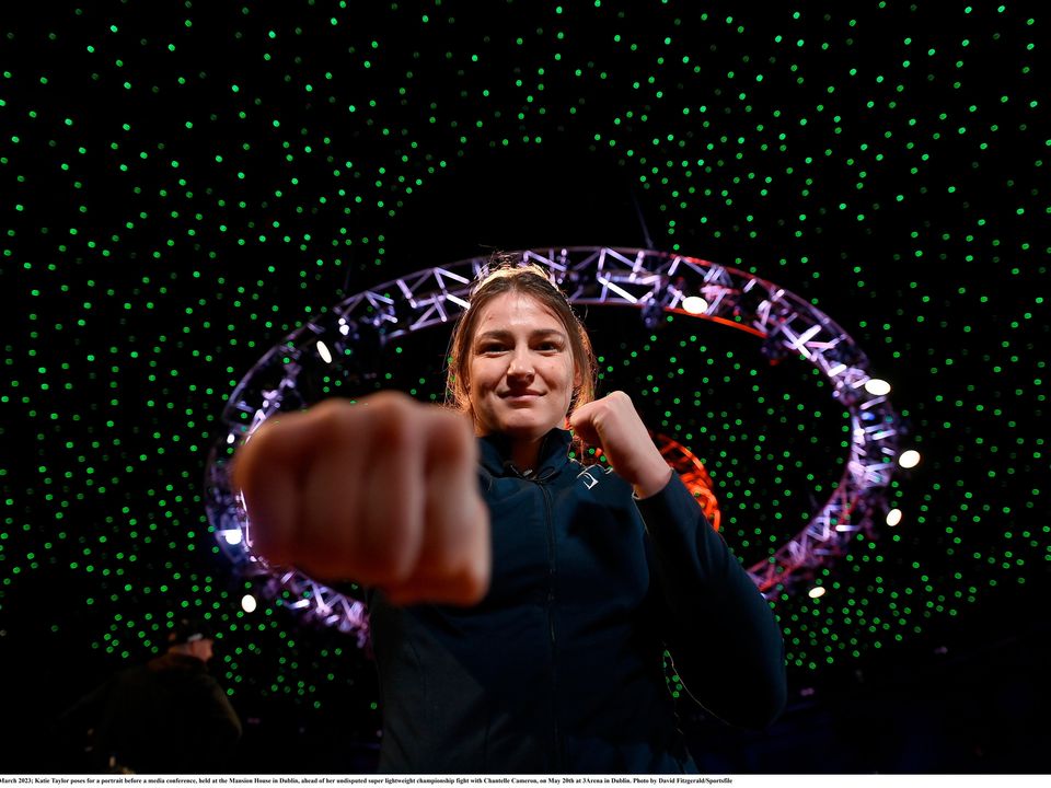 Katie Taylor poses for a portrait before a media conference, held at the Mansion House in Dublin, ahead of her undisputed super lightweight championship fight with Chantelle Cameron, on May 20th at 3Arena in Dublin. Photo by David Fitzgerald/Sportsfile