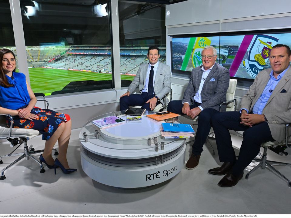 24 July 2022; RTÉ Sunday Game analyst Pat Spillane before his final broadcast, with his Sunday Game colleagues, from left, presenter Joanne Cantwell, analysts Sean Cavanagh and Ciaran Whelan before the GAA Football All-Ireland Senior Championship Final match between Kerry and Galway at Croke Park in Dublin. Photo by Brendan Moran/Sportsfile