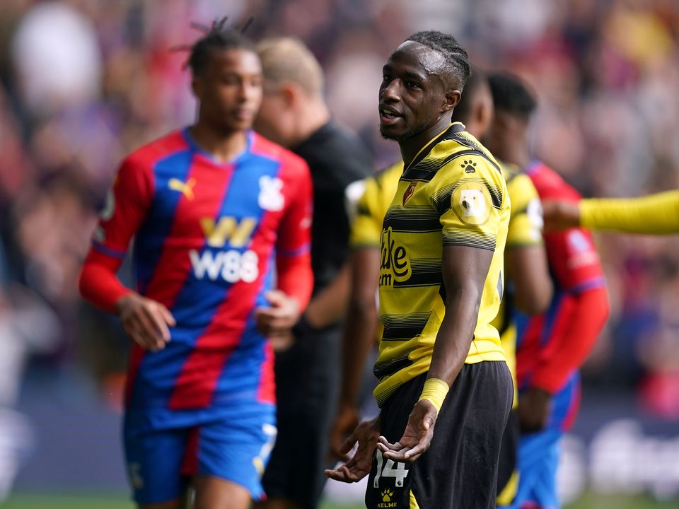 Hassane Kamara was sent off as Watford’s relegation was confirmed with defeat at Crystal Palace (Yui Mok/PA)