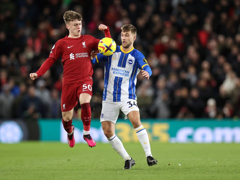 BRIGHTON, ENGLAND - JANUARY 14: Ben Doak of Liverpool and Joel Veltman of Brighton & Hove Albion during the Premier League match between Brighton & Hove Albion and Liverpool FC at American Express Community Stadium on January 14, 2023 in Brighton, United Kingdom. (Photo by Charlotte Wilson/Offside/Offside via Getty Images)