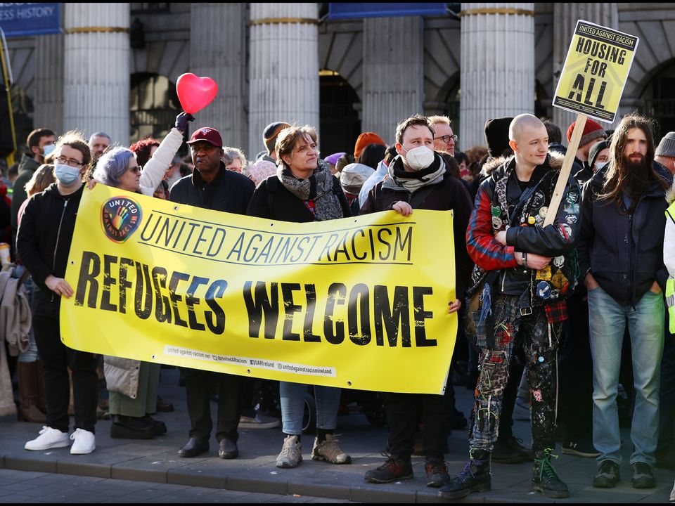 Pro-refugee supporters taking part in a rally on O'Connell Street. Photo: Steve Humphreys