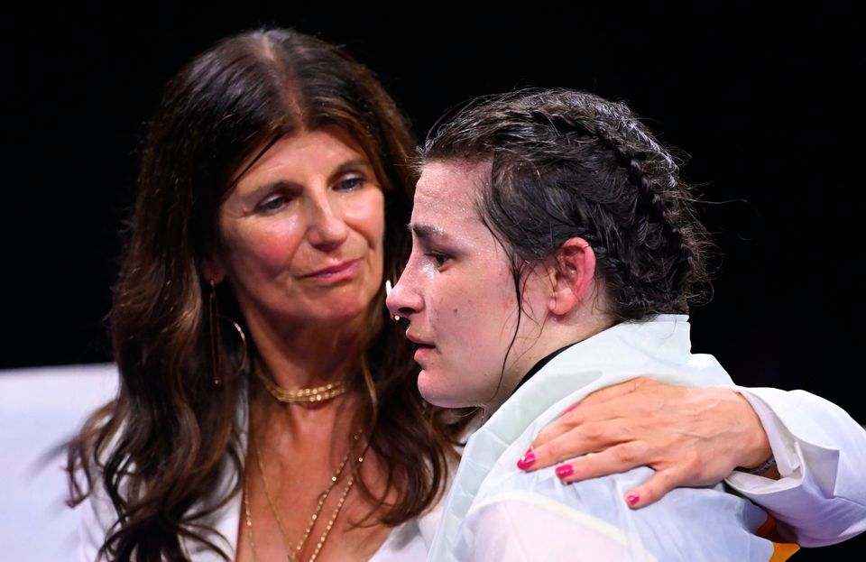 Katie Taylor, and her mum Bridget, after her defeat to Chantelle Cameron in their undisputed super lightweight championship fight at the 3Arena in Dublin