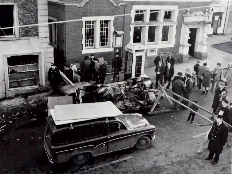 Police cordon off the scene of the Belturbet bombing in County Cavan, 1972