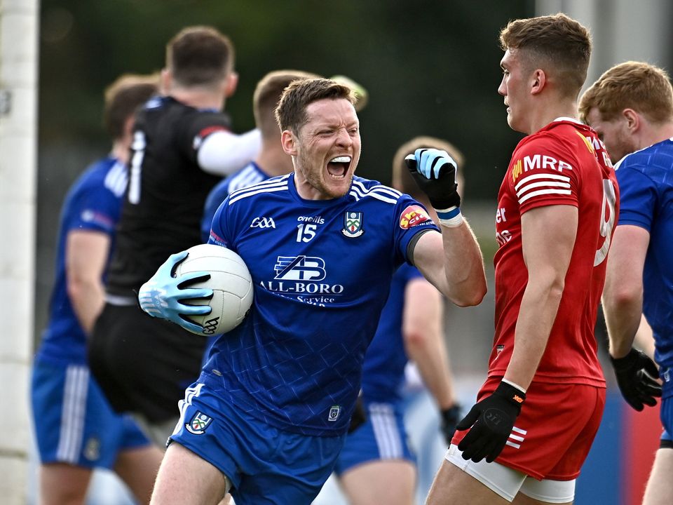 16 April 2023; Conor McManus of Monaghan celebrates at the final whistle after his side's victory in the Ulster GAA Football Senior Championship Quarter-Final match between Tyrone and Monaghan at O'Neill's Healy Park in Omagh, Tyrone. Photo by Sam Barnes/Sportsfile