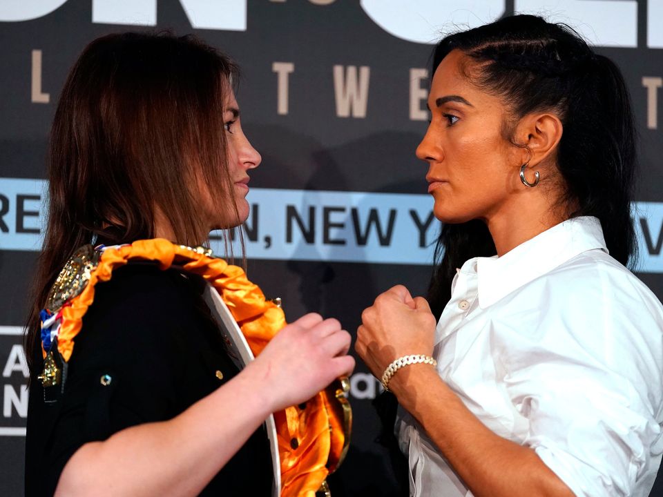 Katie Taylor (left) and Amanda Serrano whose rematch in May has been called off because of an injury to the Puerto Rican.