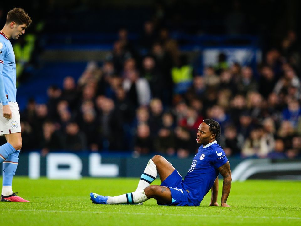 LONDON, ENGLAND - JANUARY 05: Raheem Sterling of Chelsea reacts after suffering an injury during the Premier League match between Chelsea FC and Manchester City at Stamford Bridge on January 5, 2023 in London, United Kingdom. (Photo by Craig Mercer/MB Media/Getty Images)