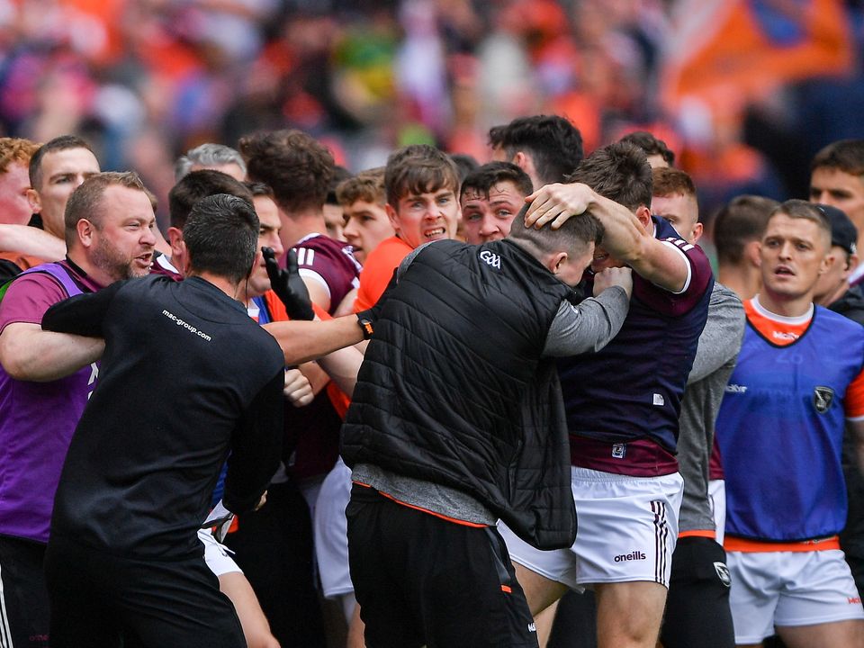 Players and officials from Armagh and Galway become embroiled in a melee during the All-Ireland quarter-final. Photo: Ray McManus/Sportsfile