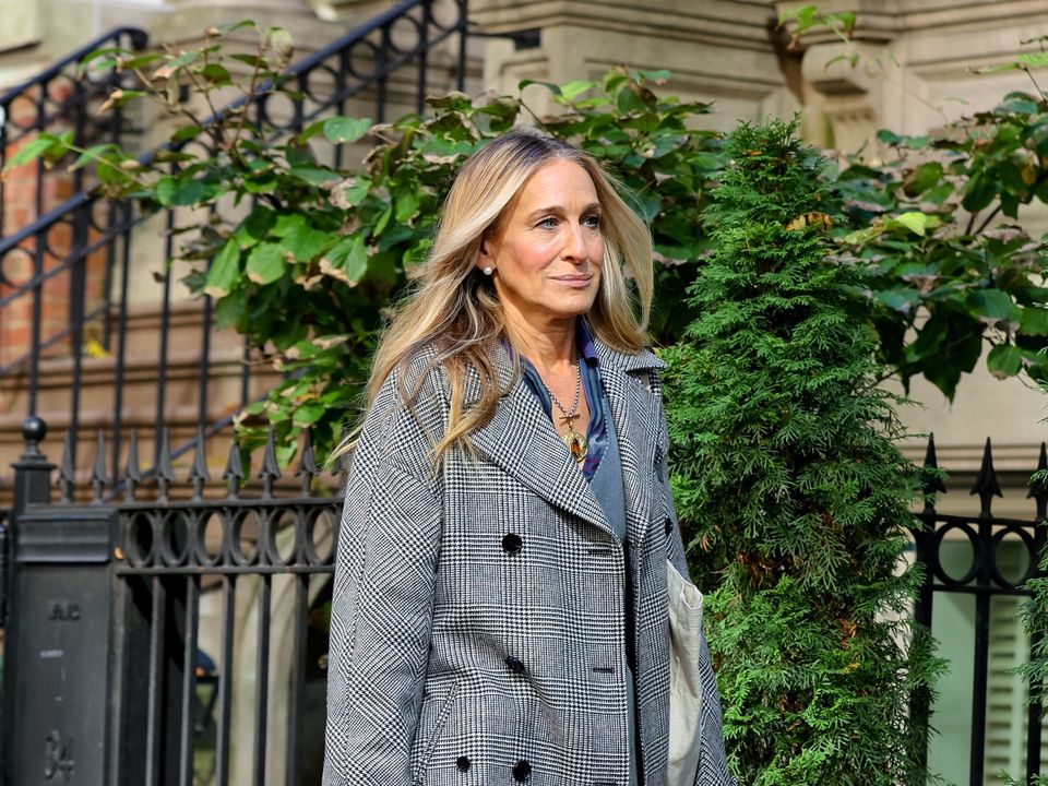 Sarah Jessica Parker on the set of ‘And Just Like That...’ earlier this week wearing the ‘Faye’ coat by Donegal brand Triona. Photo: Jose Perez/Bauer-Griffin/GC Images