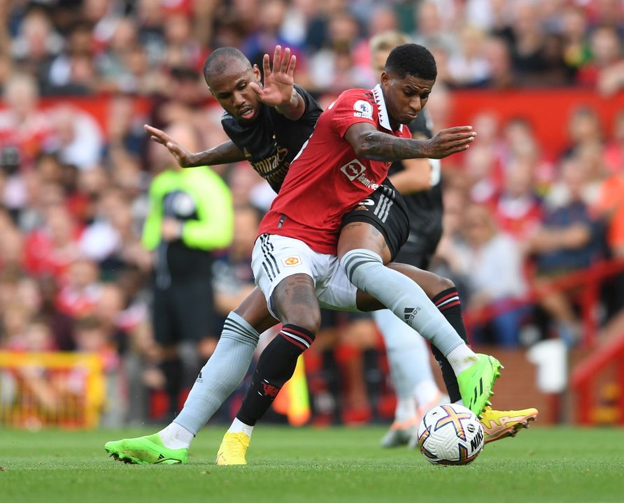 Gabriel Magalhaes of Arsenal challenges Marcus Rashford of Manchester United at Old Trafford. Photo: by David Price/Arsenal FC via Getty Images