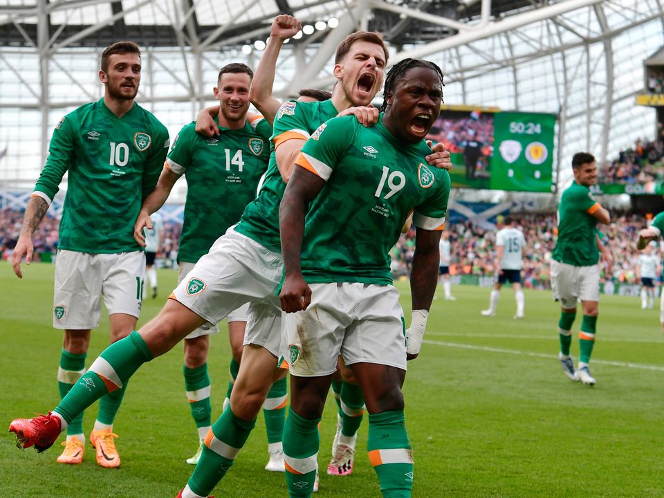 Michael Obafemi of Republic of Ireland celebrates after scoring their side's third goal. (Photo by Charles McQuillan/Getty Images)