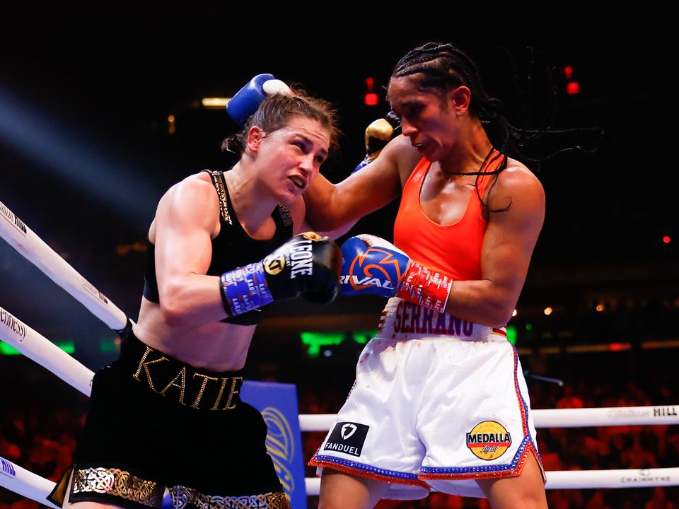 Katie Taylorand Amanda Serrano box during the fight for the Undisputed World Lightweight Championship on April 30, 2022 at Madison Square Garden
