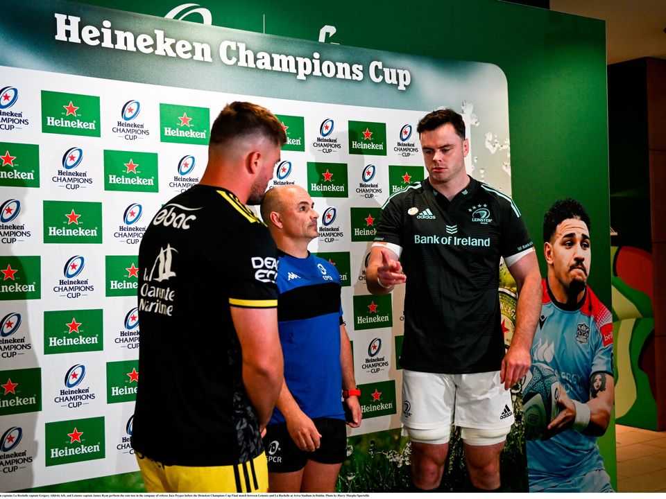 Team captains La Rochelle captain Grégory Alldritt, left, and Leinster captain James Ryan perform the coin toss in the company of referee Jaco Peyper before the Heineken Champions Cup Final match at Aviva Stadium in Dublin. Photo by Harry Murphy/Sportsfile