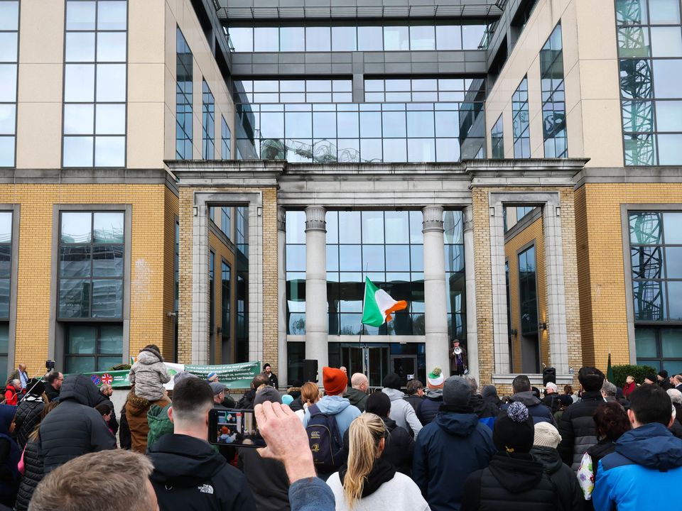 A crowd of people gathered outside the former ESB offices on East Wall Road . Photograph: Sam Boal / RollingNews.ie