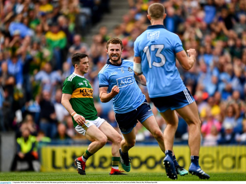 Dublin’s Jack McCaffrey celebrates his 19th-minute goal in front of Paul Mannion and Kerry’s Paul Murphy during the 2019 All-Ireland SFC final. Photo: Ray McManus/Sportsfile