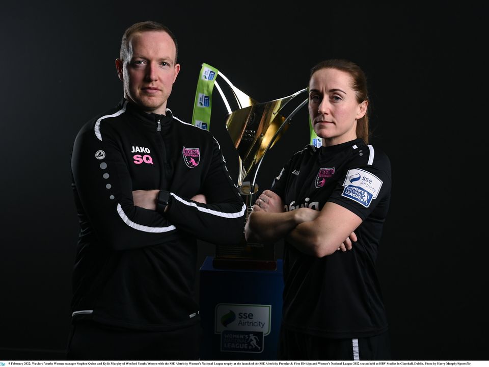 Wexford Youths Women’s manager Stephen Quinn with team captain Kylie Murphy at the launch of the new SSE Airtricity League campaign.