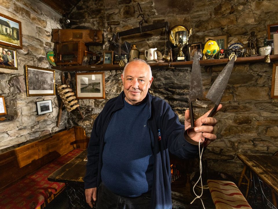 
Mick Lynch owner of Lynotts Pub on Achill Island shows the shears that Colm cut his fingers off with in the movie The Banshees of Inisheerin.
Pic:Mark Condren
