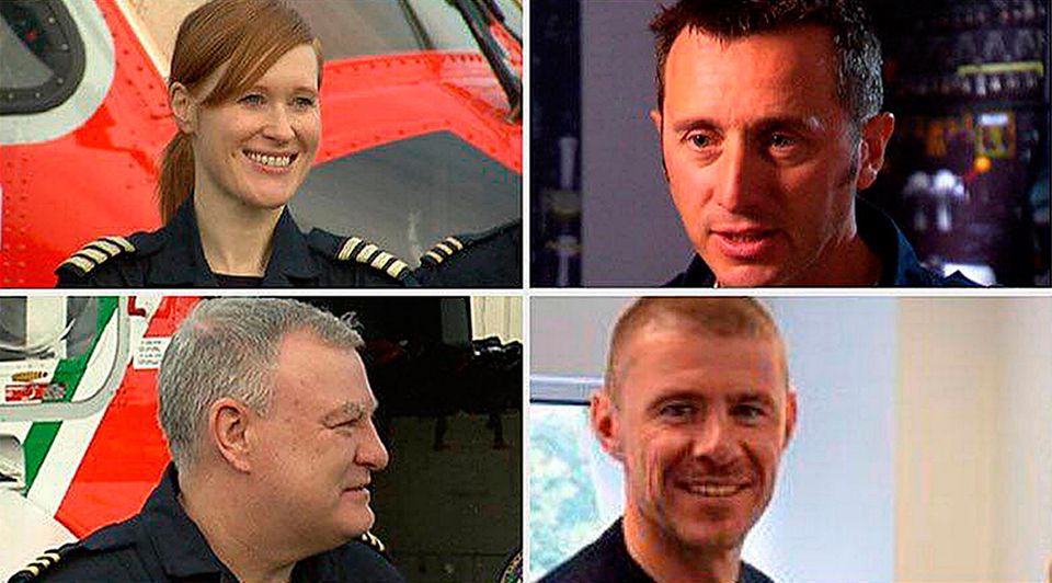 Clockwise from top left, Captain Dara Fitzpatrick, Captain Mark Duffy, winchman Ciarán Smith and winch operator Paul Ormsby died in the helicopter crash off the Mayo coast in March 2017. Photo: PA