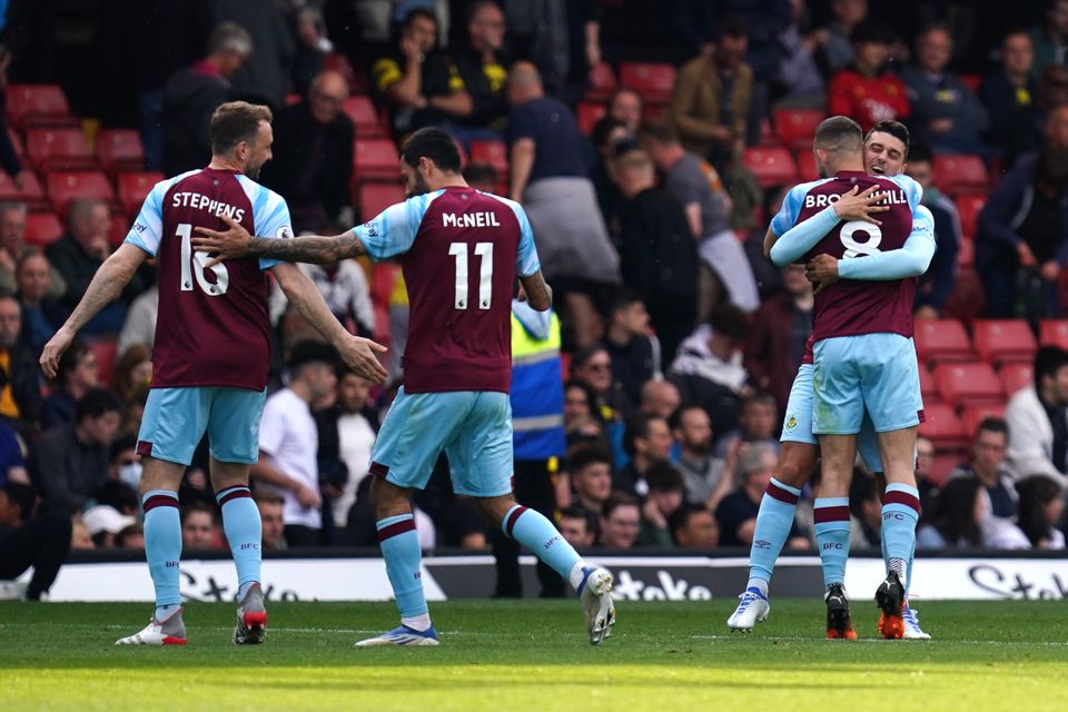 Burnley players celebrate Josh Brownhill’s late winner at Burnley (John Walton/PA)