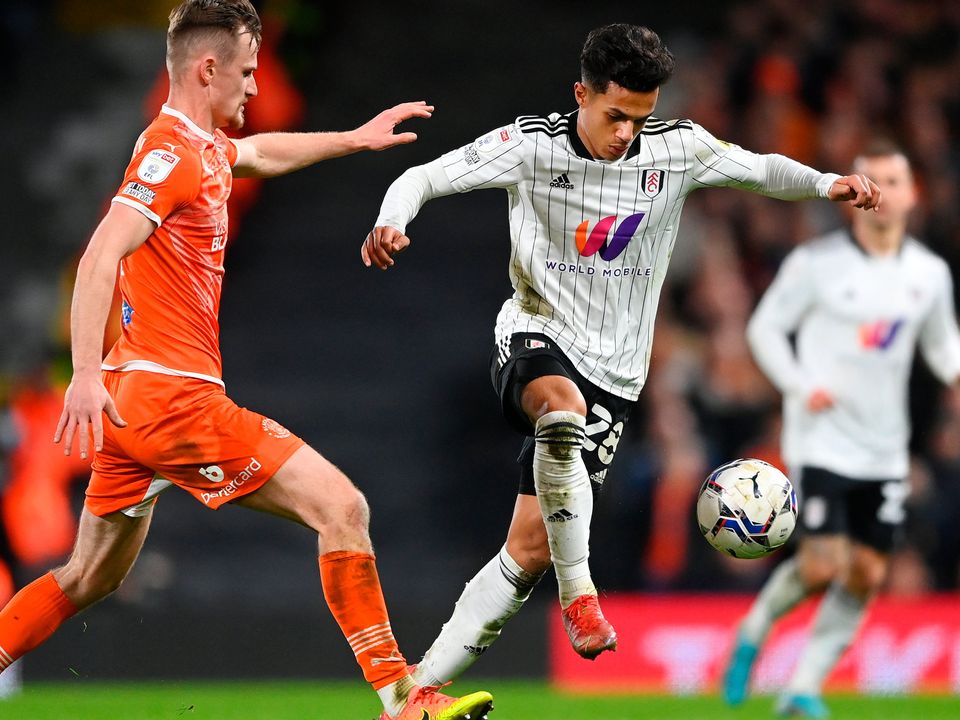 Fabio Carvalho of Fulham battles for possession with Callum Connolly of Blackpool during the Sky Bet Championship match between Fulham and Blackpool at Craven Cottage. (Photo by Alex Davidson/Getty Images)