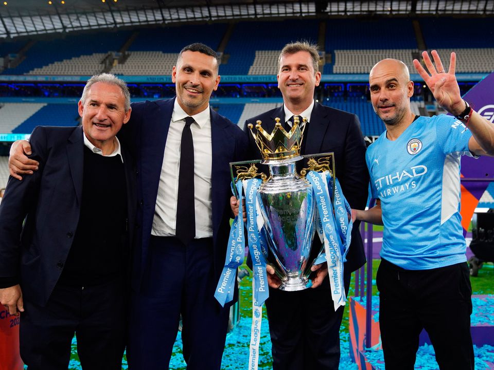 Manchester City manager Pep Guardiola alongside Chairman Khaldoon Al Mubarak, Chief Executive Ferran Soriano and Director of Football Txiki Begiristain