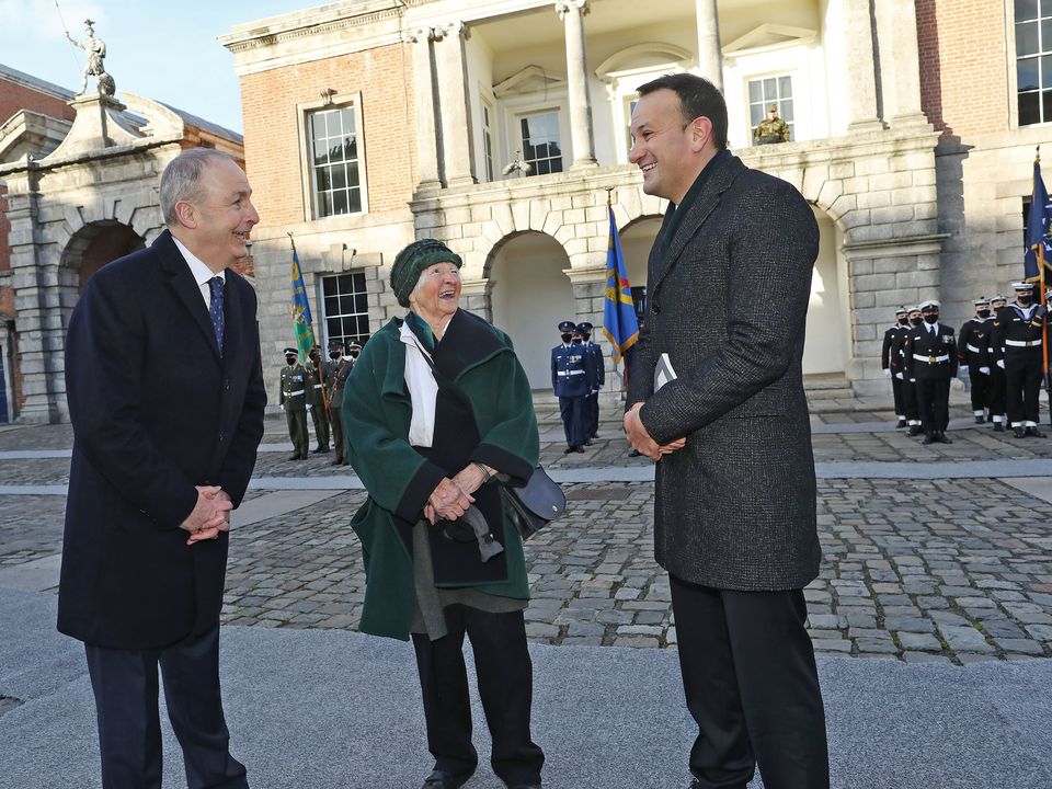 Micheál Martin and Leo Varadkar with Elizabeth Berney, daughter
of General Richard Mulcahy, IRA chief of staff during the War of
Independence